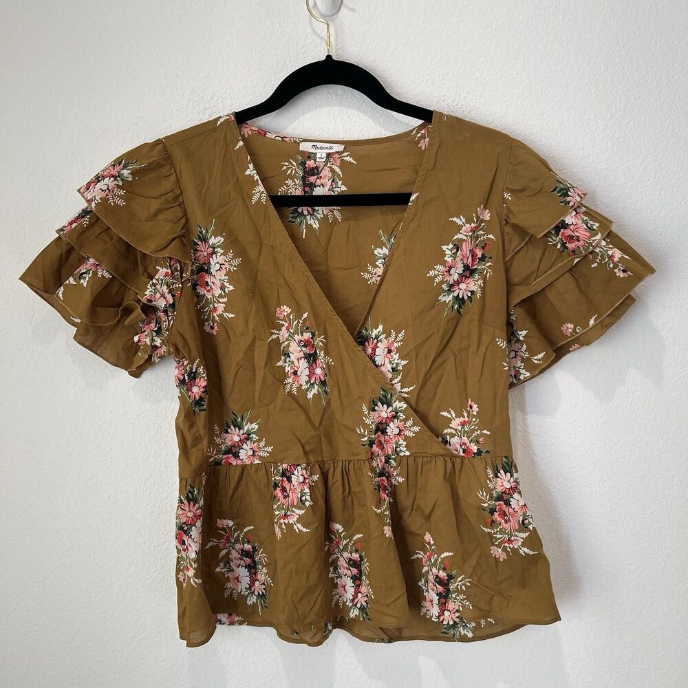 Madewell Classic Corsage Tiered Sleeve Top Size 6 Nosegay Floral Distant Olive